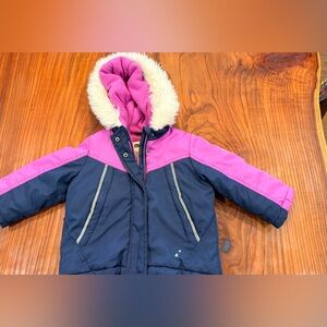Oshkosh B’gosh Pink and Navy Hooded Jacket with Faux Fur Trim 2 T